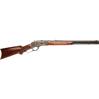 Lever-action rifle with wooden stock and metal receiver, barrel pointing to the right on a white background.