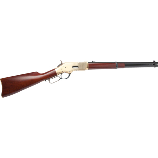 Lever-action rifle with wooden stock and brass receiver on a white background, long barrel visible.