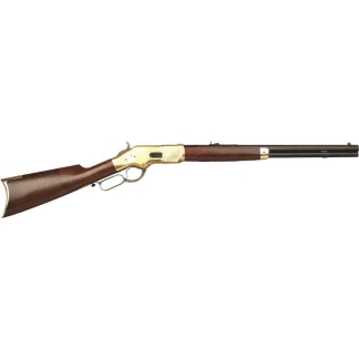 Lever-action rifle with wooden stock and brass receiver, long barrel.