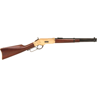 Lever-action rifle with wooden stock and brass receiver, long barrel clear.