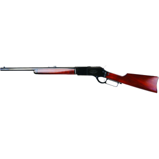 Lever-action rifle with a polished wooden stock and long metal barrel, shown from the left side