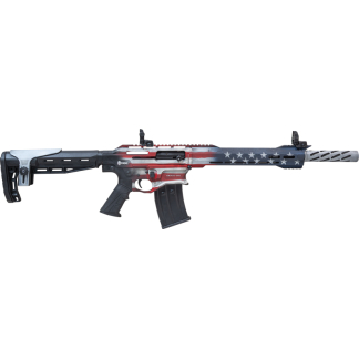Modern sporting rifle with a red, white, and blue US flag finish, collapsible stock and 30‑round magazine.