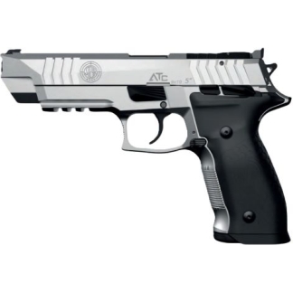 Side view of a silver semi-automatic handgun with a black textured grip and visible trigger guard