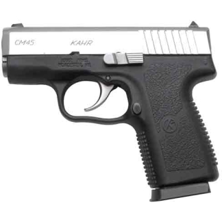 Side view of a black semi-automatic pistol with a silver slide and textured grip.