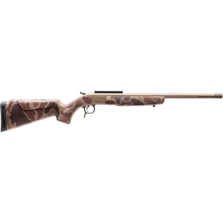 Camouflage-pattern hunting rifle in profile with a long barrel and muzzle brake, viewed from the left.