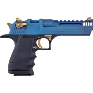Blue semi-automatic pistol shown from the left side with gold accents on trigger and sights.