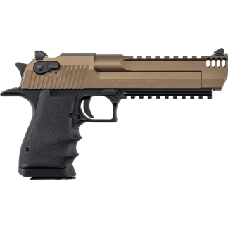 Tan-colored semi-automatic handgun with black grip and accessory rail, shown from the side with sights and safety lever visible