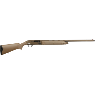 Tan bolt-action rifle shown in profile with long barrel and adjustable stock buttpad, lying horizontally across the image