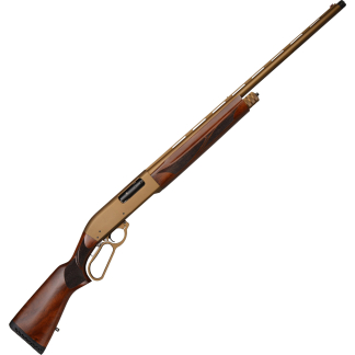 Lever-action rifle with wooden stock and brass-colored metal, shown diagonally across the frame.