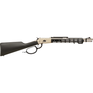 Semi-automatic rifle with tan receiver, black stock, and long black vented handguard (sporting/modern rifle).