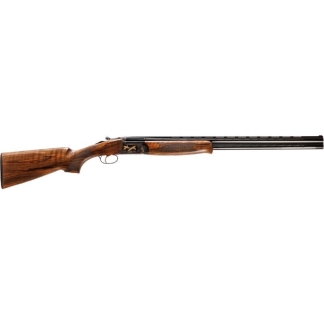 Side view of a double-barrel shotgun with a walnut stock and engraved receiver, showing two long parallel barrels.