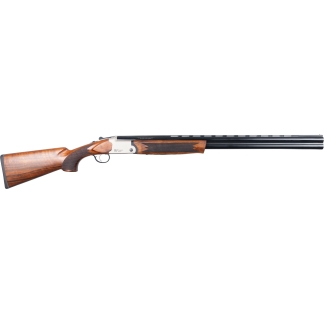 Over-under shotgun with a polished walnut stock, checkered grip, and twin long barrels, shown from the left side as a side view.