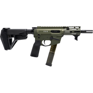 Olive green FX-9 semi-automatic carbine with folding stock, pistol grip, and a curved magazine inserted in a Picatinny-equipped receiver rail system.