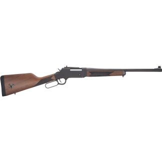 Lever-action rifle with wooden stock and checkered grip, long metal barrel shown in profile.