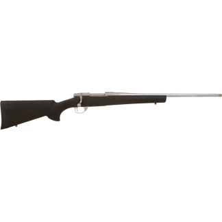 Bolt-action rifle with a black synthetic stock and a long, silver barrel extending to the right.