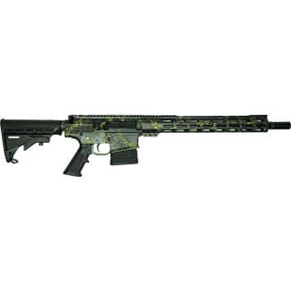 AR-style rifle with green camouflage pattern, attached magazine, and tactical stock, shown in side profile.