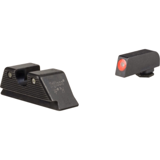 Pair of black firearm sights (rear sight with dual notches and a separate front sight with a red insert) on a white background.