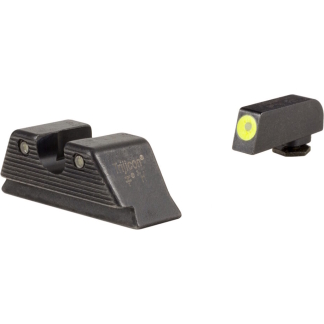 Close-up of two black firearm iron sights on a white background, with a rear sight on the left and a front sight on the right.