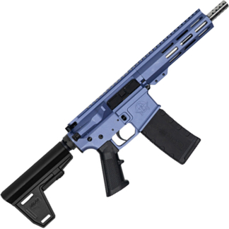 Blue-gray AR-style rifle shown diagonally with a long handguard, upper receiver rails, and black pistol grip against a white background.