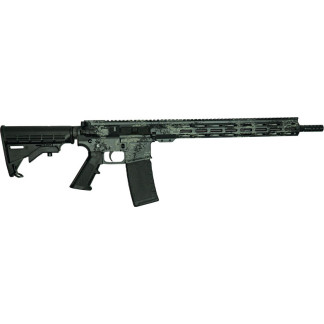 AR-style rifle with camouflage finish, collapsible stock, and a detachable 30-round magazine shown in profile