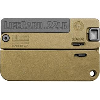 Gold-colored LifeCard .22LR compact pistol with gray slide, showing its credit-card-sized body and grip area