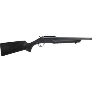 Black pump-action shotgun with a long barrel and synthetic stock, shown from the side