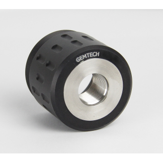 Metal cylindrical device with threaded inner bore and textured black exterior, labeled GEMTECH, likely a mounting component or accessory part.