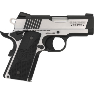 Side view of a silver and black semi-automatic pistol labeled COMBAT ELITE.