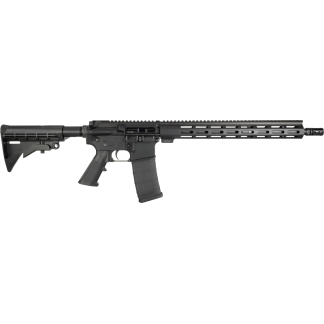 Black semi-automatic rifle with an adjustable stock, pistol grip, and a large detachable magazine with a long modular handguard