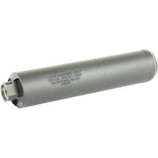 Gray firearm suppressor (silencer) with a threaded muzzle on the left; cylindrical metal body with engraved text along its length.