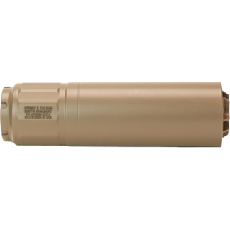 Tan cylindrical firearm suppressor (silencer) shown from the side with a small label on the left end edge