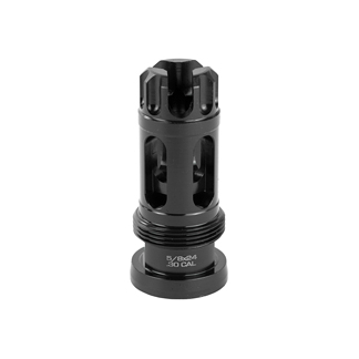 Black firearm muzzle attachment with a vented body and threaded base, shown on a white background.