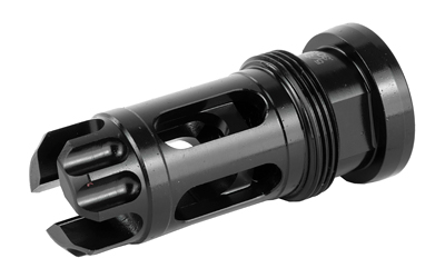 GRIFTFC762-58_3 | ATFirearms Black vented muzzle brake with three-prong muzzle end, shown in side view.