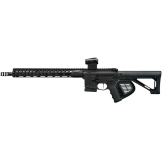 Black AR-style rifle with a long rail handguard, red dot sight, and adjustable stock.
