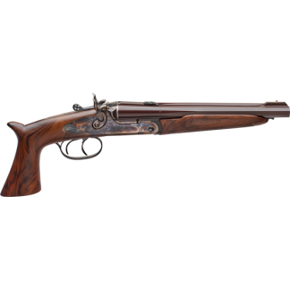 Side view of an antique flintlock-style rifle with carved wooden stock and ornate metal hardware.