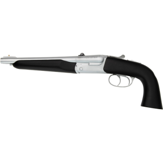 Side view of a silver-and-black antique pistol with a long barrel and curved grip.