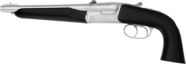 GS643410jpg | ATFirearms Side view of a silver-and-black antique pistol with a long barrel and curved grip.