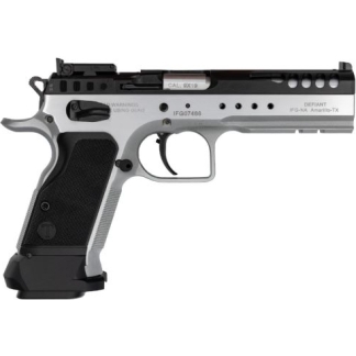 Compact semi-automatic pistol with a gray frame, black grip, and top-mounted accessory rail.