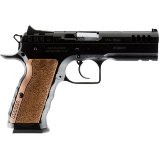Side view of a semi-automatic pistol with a brown textured grip and black slide under a white background.