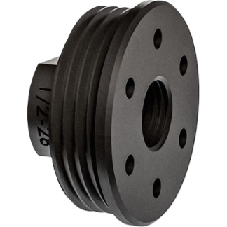 Black multi-groove belt pulley with five grooves and a central threaded bore for mounting on a shaft.