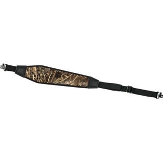 Camouflage rifle sling with black ends, adjustable strap and metal buckles, laid flat for demonstration.
