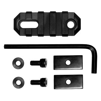Black mounting hardware kit with two rectangular brackets, two bolts, two washers, an Allen wrench, and a curved brace for assembly.