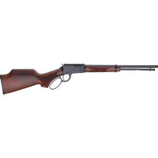 Side view of a lever-action rifle with a polished wooden stock and checkered grip, long barrel and iron sights.