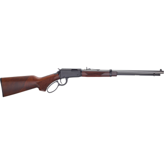 Lever-action rifle with a polished wooden stock, checkered grip, and a long barrel with front sight.