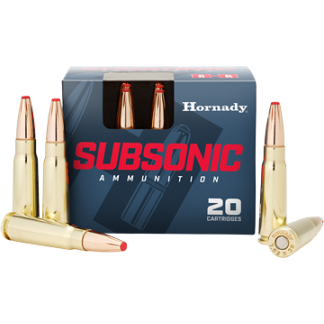 Box of Hornady Subsonic Ammunition, 20 cartridges, with several polished brass bullets around it