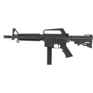 Black AR-style assault rifle with a curved magazine, carrying handle, and adjustable stock on a white background