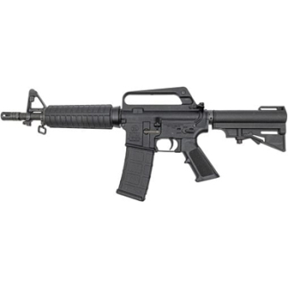 Black semi-automatic rifle with a detachable magazine, front sight, carry handle, and adjustable stock.