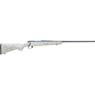 Bolt-action rifle with a white cracked-pattern stock and long black barrel, shown in profile.