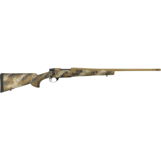 Desert camouflage bolt-action hunting rifle viewed from the side with a long barrel and black buttstock end cap