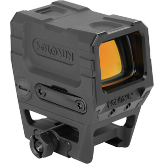 Holosun compact red dot sight with amber lens mounted on a rail system on a firearm accessory rail.